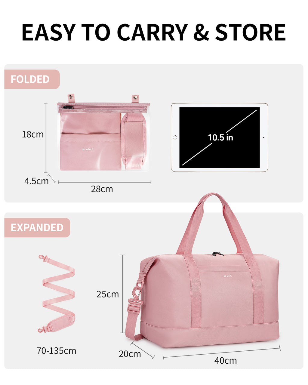 ECOHUB Ryanair Cabin Bags 40x30x20, 24L Underseat Hand Luggage Bag, Foldable Carry On Bag with Removable Wet Pocket, Water-Resistant Overnight Hospital Weekend Bag for Women, Pink (Patent Pending)