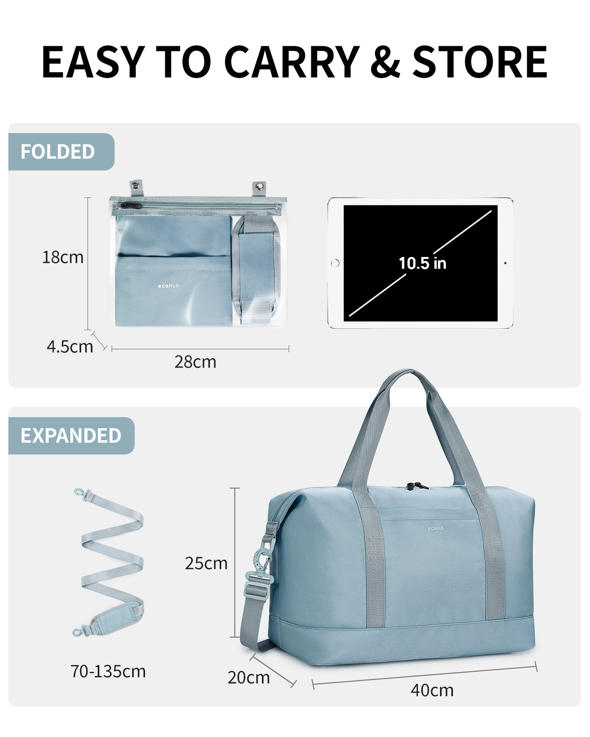 ECOHUB Ryanair Cabin Bags 40x30x20, 24L Underseat Hand Luggage Bag, Foldable Carry On Bag with Removable Wet Pocket, Water-Resistant Overnight Hospital Weekend Bag for Women, Grey (Patent Pending)
