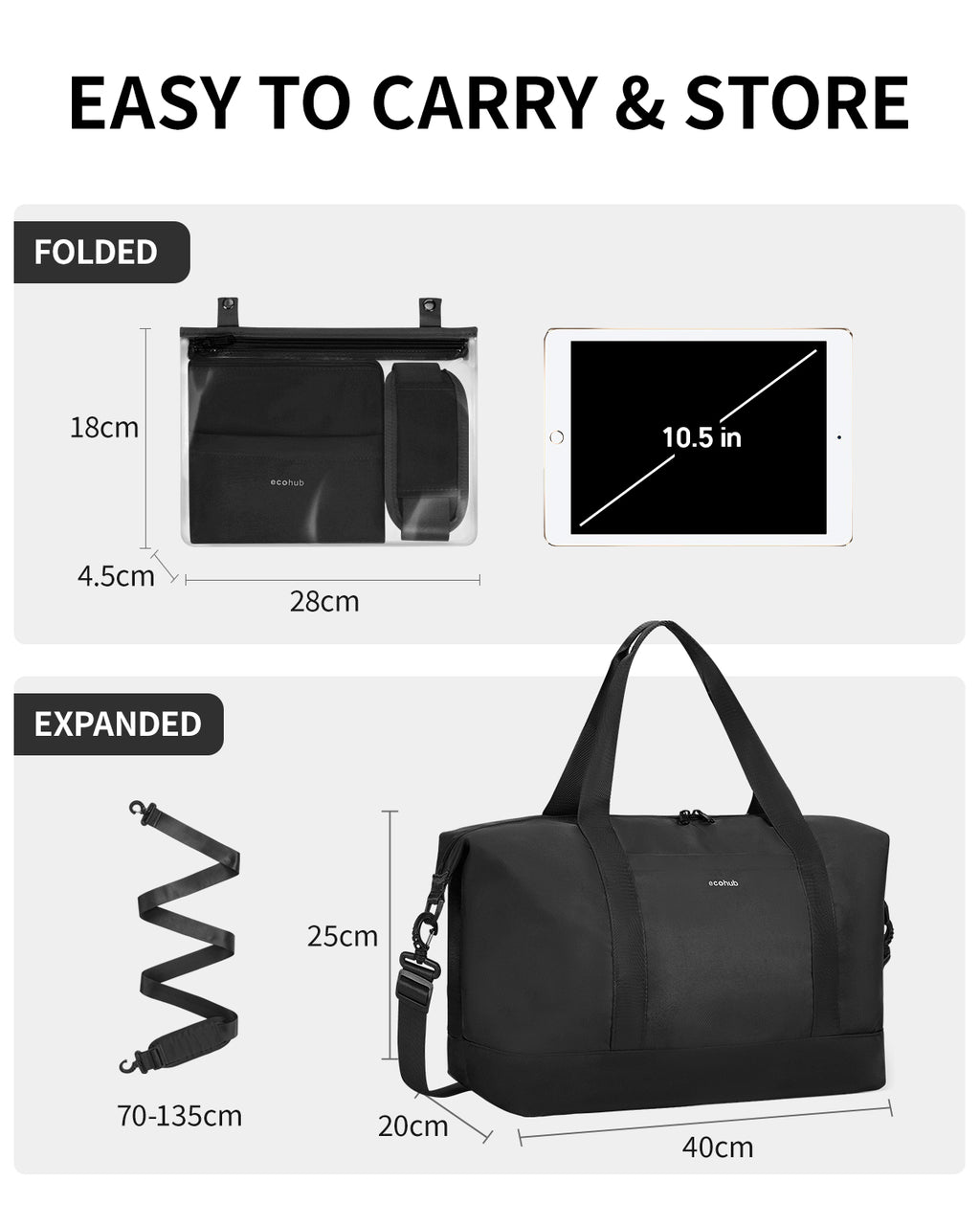 ECOHUB Ryanair Cabin Bags 40x30x20, 24L Underseat Hand Luggage Bag, Foldable Carry On Bag with Removable Wet Pocket, Water-Resistant Overnight Hospital Weekend Bag for Women, Black (Patent Pending)