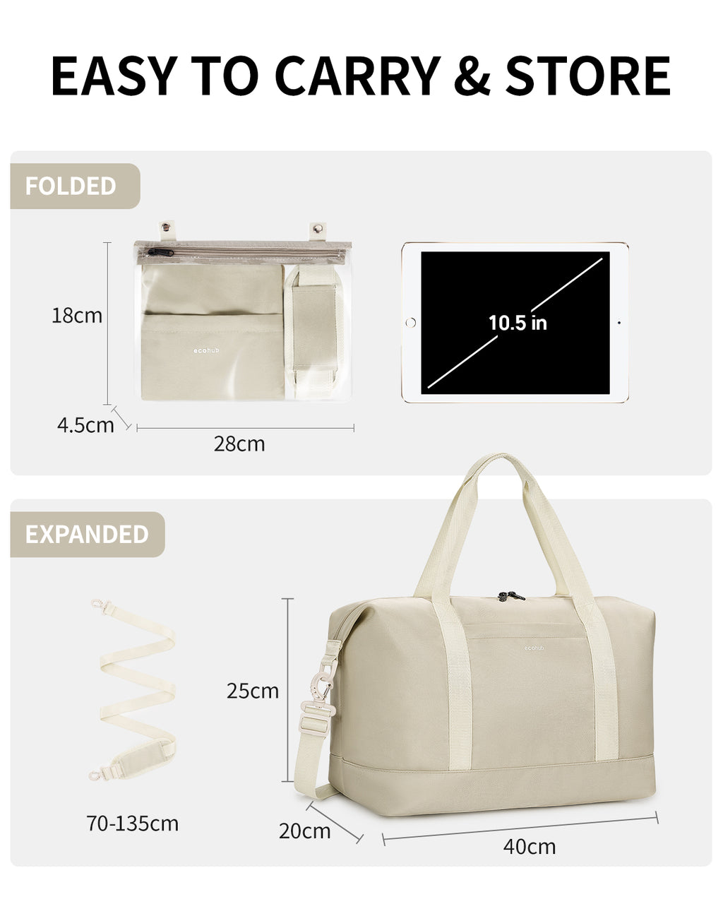 ECOHUB Ryanair Cabin Bags 40x30x20, 24L Underseat Hand Luggage Bag, Foldable Carry On Bag with Removable Wet Pocket, Water-Resistant Overnight Hospital Weekend Bag for Women, Beige (Patent Pending)