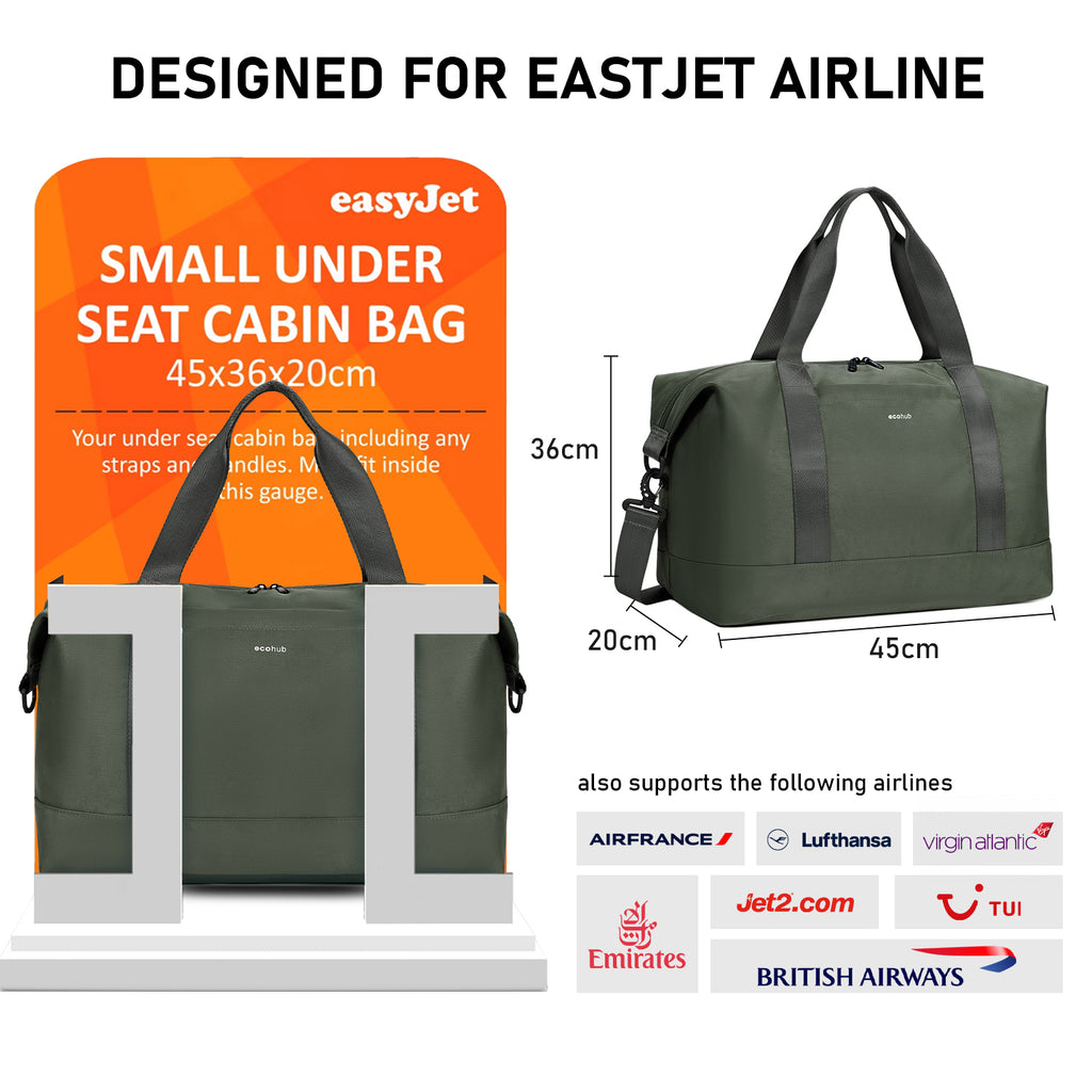 ECOHUB Easyjet 30L Cabin Bag 45x36x20 Underseat Travel Flight Bag Foldable Carry On with Removable Wet Pocket Waterproof Overnight for Women (Green)
