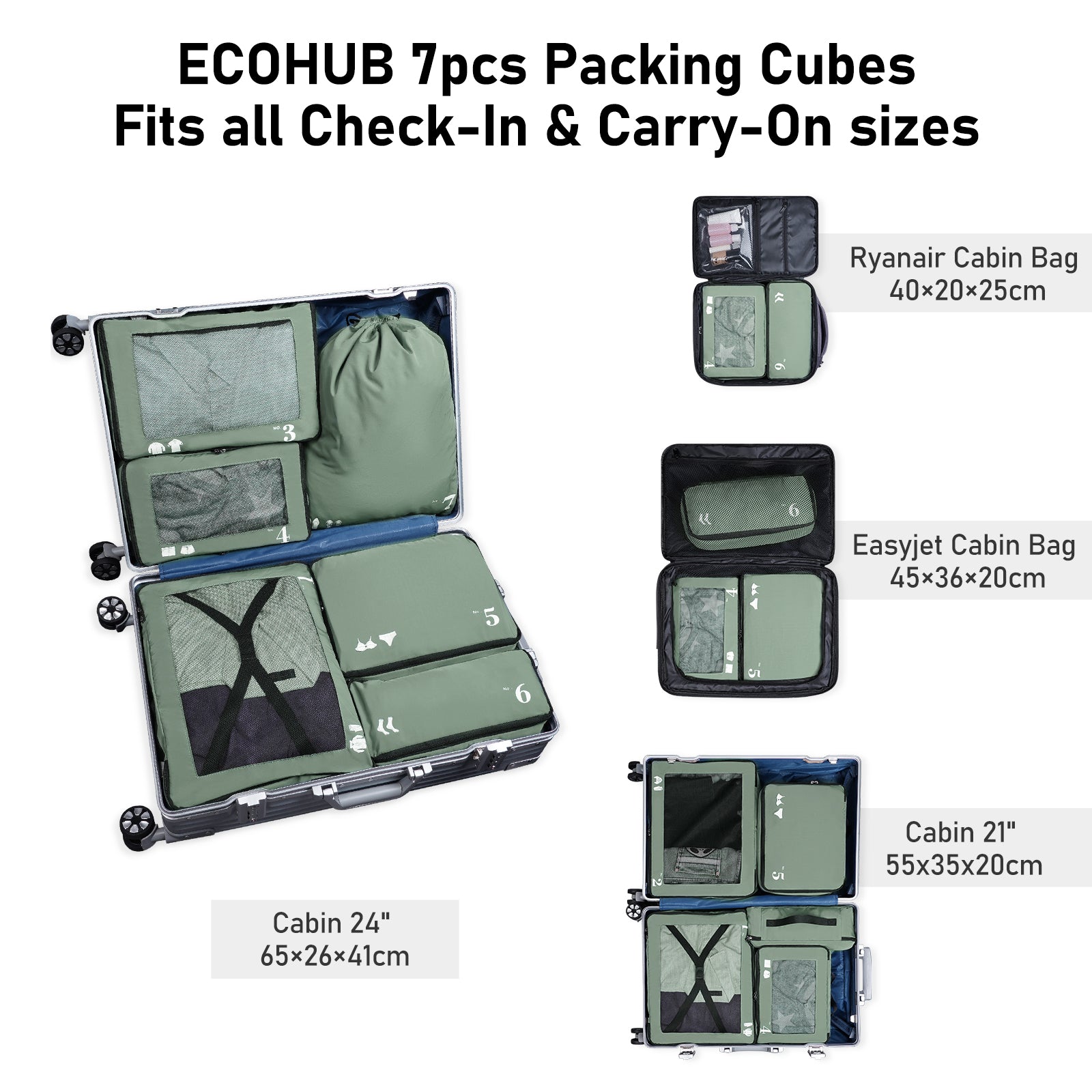 ECOHUB Packing Cubes 7 PCS Travel Organiser - Recycled PET Eco Friendly Shoes & Accessories Storage Bags