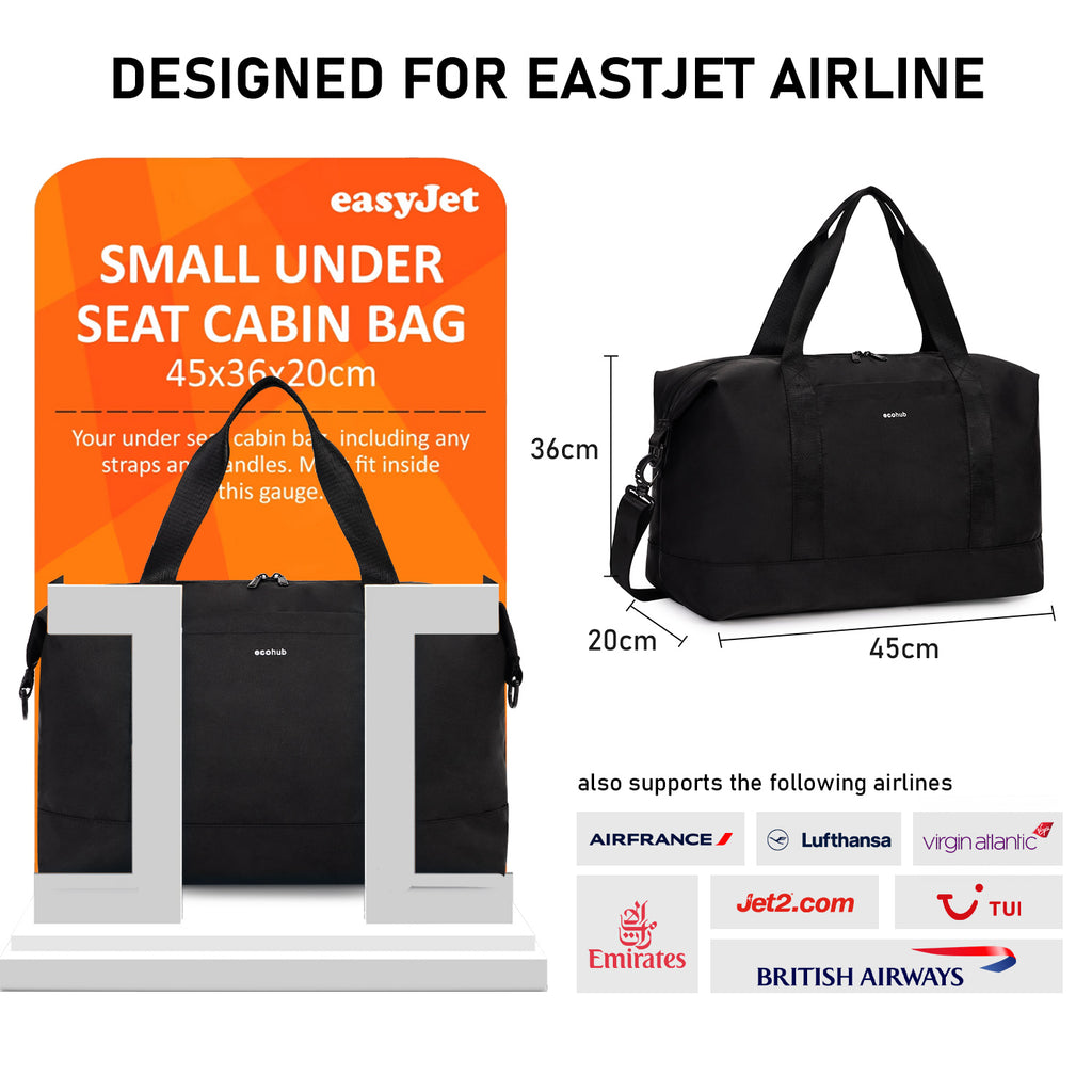 ECOHUB Easyjet 30L Cabin Bag - 45x36x20 Underseat Travel Flight Bag with Foldable Carry On, Removable Wet Pocket, Waterproof Overnight Holdall for Women (Black)