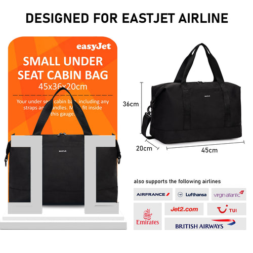 ECOHUB Easyjet 30L Cabin Bag - 45x36x20 Underseat Travel Flight Bag with Foldable Carry On, Removable Wet Pocket, Waterproof Overnight Holdall for Women (Black)