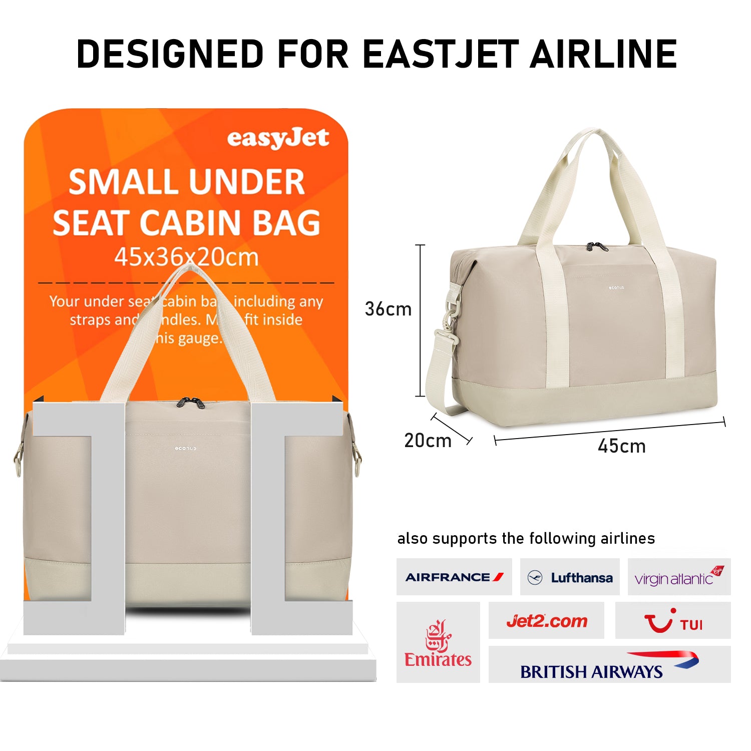 ECOHUB Easyjet 30L Cabin Bag - 45x36x20 Underseat Travel Flight Bag with Foldable Carry On, Removable Wet Pocket, Waterproof Overnight Holdall for Women (Beige)