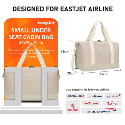 ECOHUB Easyjet 30L Cabin Bag - 45x36x20 Underseat Travel Flight Bag with Foldable Carry On, Removable Wet Pocket, Waterproof Overnight Holdall for Women (Beige)