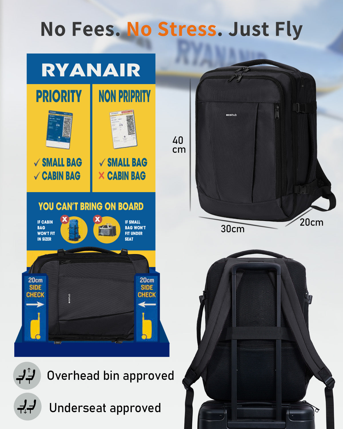 ECOHUB Ryanair Cabin Bags 40x30x20, Underseat Travel Bag with 9 Pockets, Recycled PET Eco Friendly Hand Luggage Backpack, Lightweight Rucksack for Women & Men, Carry on Bag with USB Port,