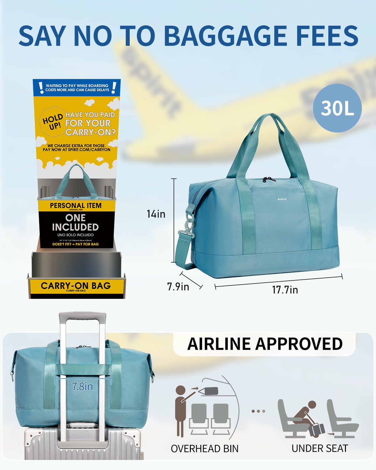 ECOHUB Easyjet 30L Cabin Bag 45x36x20 Underseat Travel Flight Bag Foldable Carry On with Removable Wet Pocket Waterproof Overnight for Women (Grey)