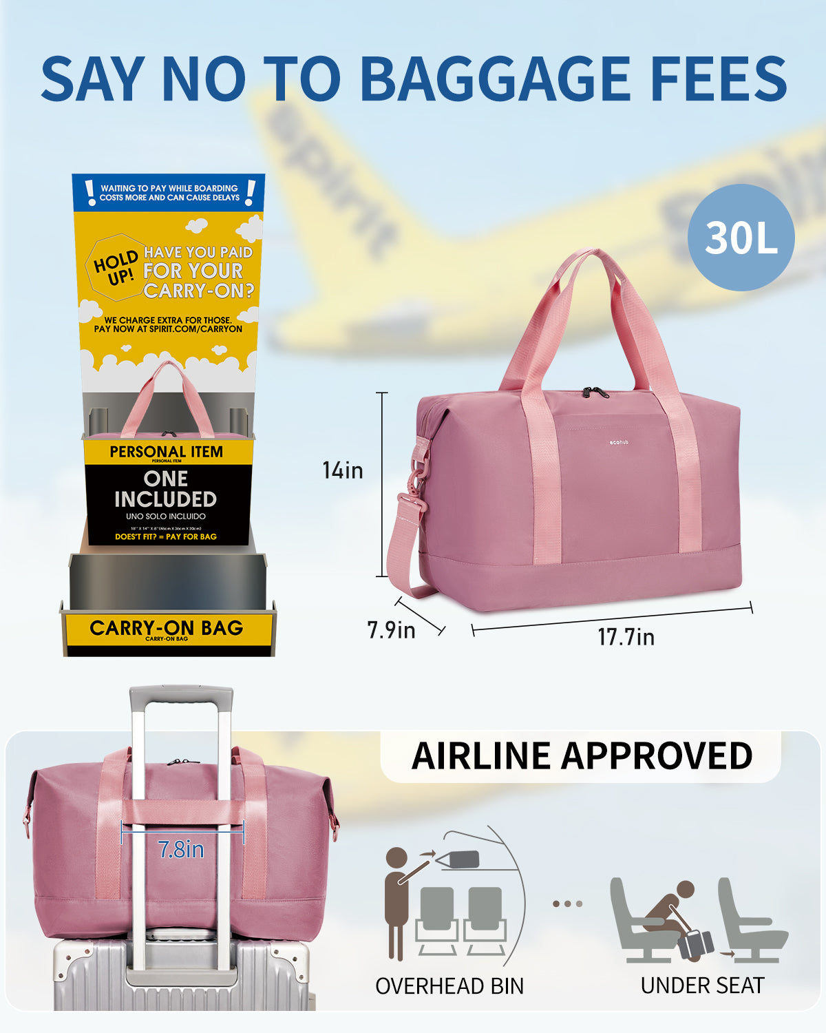 ECOHUB Easyjet 30L Cabin Bag - 45x36x20cm Foldable Carry On Bag with Removable Wet Pocket, Waterproof, Overnight/Pink