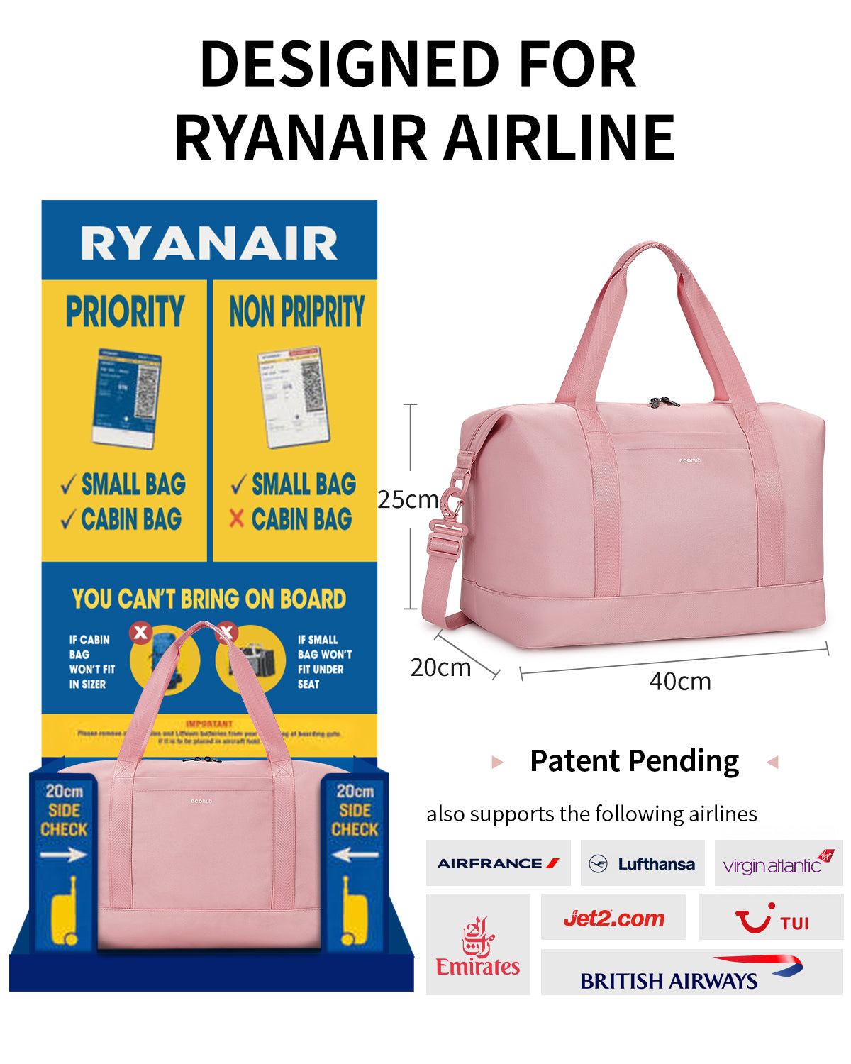 ECOHUB Ryanair Cabin Bags 40x30x20, 24L Underseat Hand Luggage Bag, Foldable Carry On Bag with Removable Wet Pocket, Water-Resistant Overnight Hospital Weekend Bag for Women, Pink (Patent Pending)