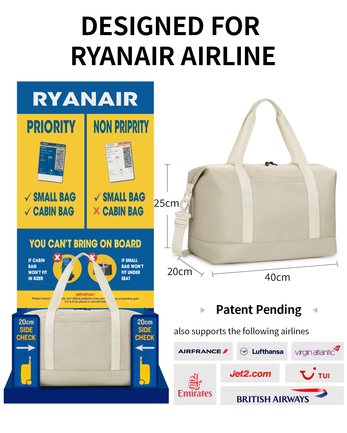 ECOHUB Ryanair Cabin Bags 40x30x20, 24L Underseat Hand Luggage Bag, Foldable Carry On Bag with Removable Wet Pocket, Water-Resistant Overnight Hospital Weekend Bag for Women, Beige (Patent Pending)