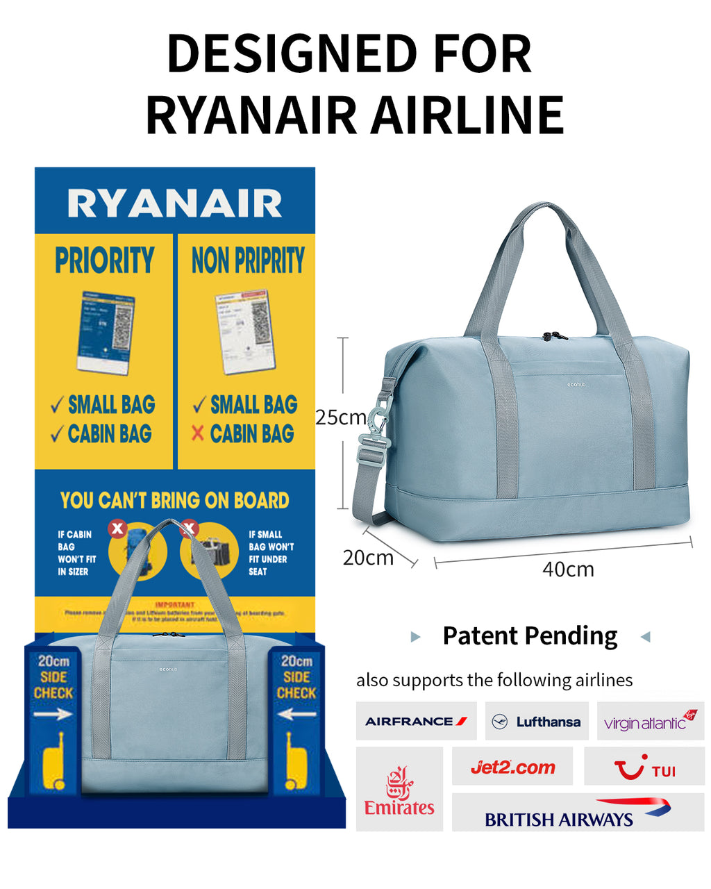 ECOHUB Ryanair Cabin Bags 40x30x20, 24L Underseat Hand Luggage Bag, Foldable Carry On Bag with Removable Wet Pocket, Water-Resistant Overnight Hospital Weekend Bag for Women, Grey (Patent Pending)