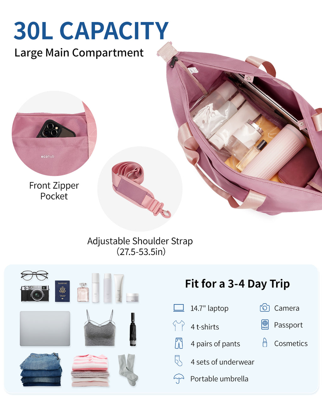 ECOHUB Easyjet 30L Cabin Bag - 45x36x20cm Foldable Carry On Bag with Removable Wet Pocket, Waterproof, Overnight/Pink