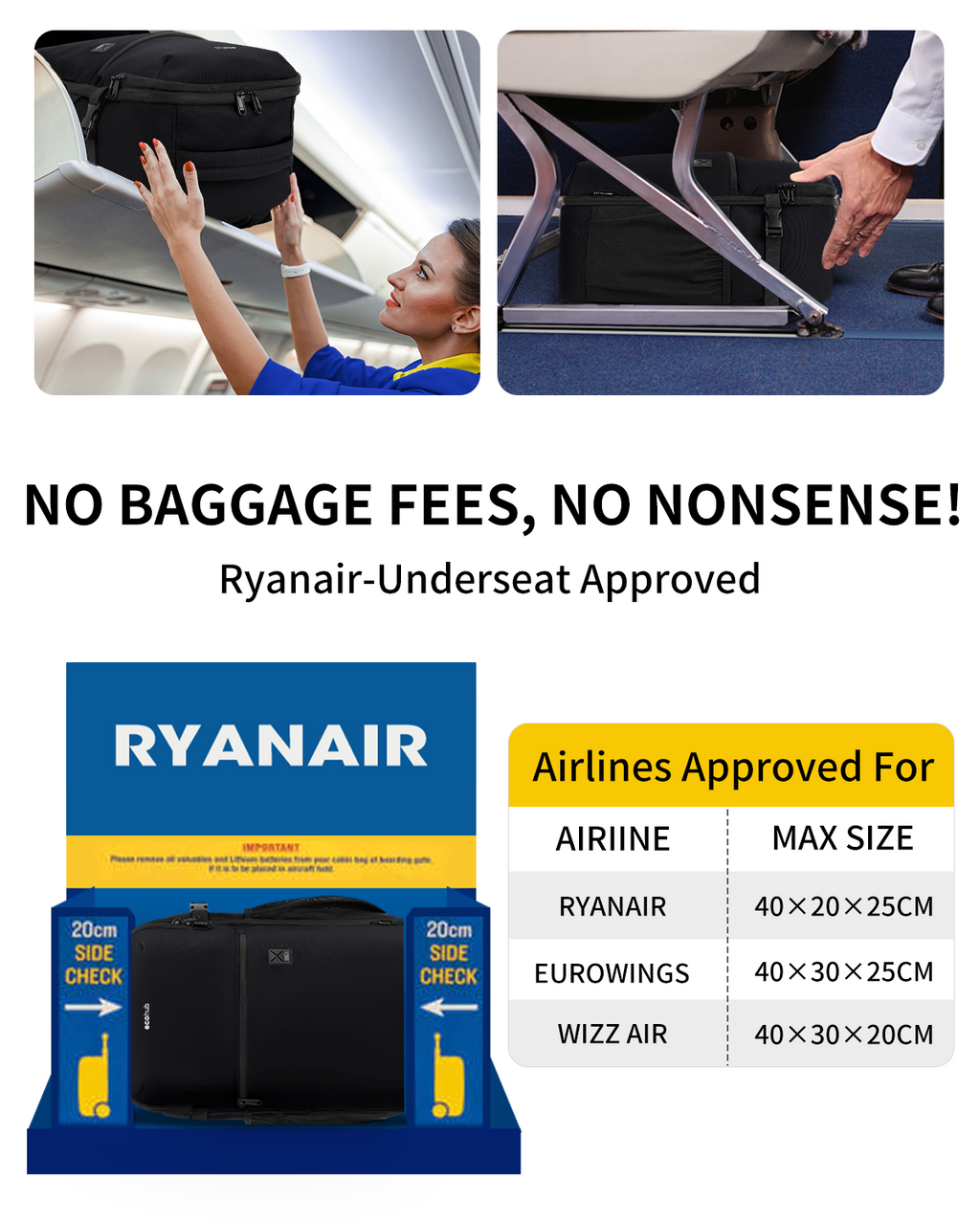 ECOHUB for Ryanair Cabin Bags 40x20x25, Underseat Travel Backpack with Anti-Theft Pocket, Cabin Size Carry on Bag for Airplanes, Water-Resistant Hand Luggage Bag with Laptop Compartment, 20L