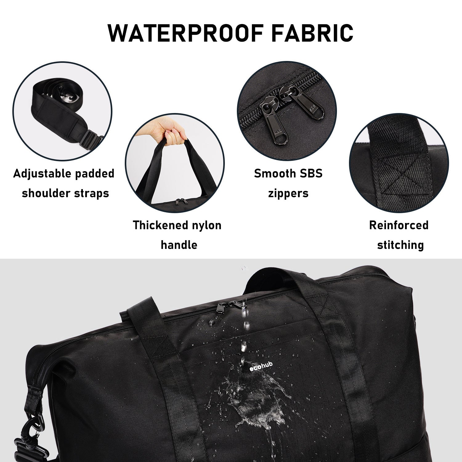 ECOHUB Easyjet 30L Cabin Bag - 45x36x20 Underseat Travel Flight Bag with Foldable Carry On, Removable Wet Pocket, Waterproof Overnight Holdall for Women (Black)