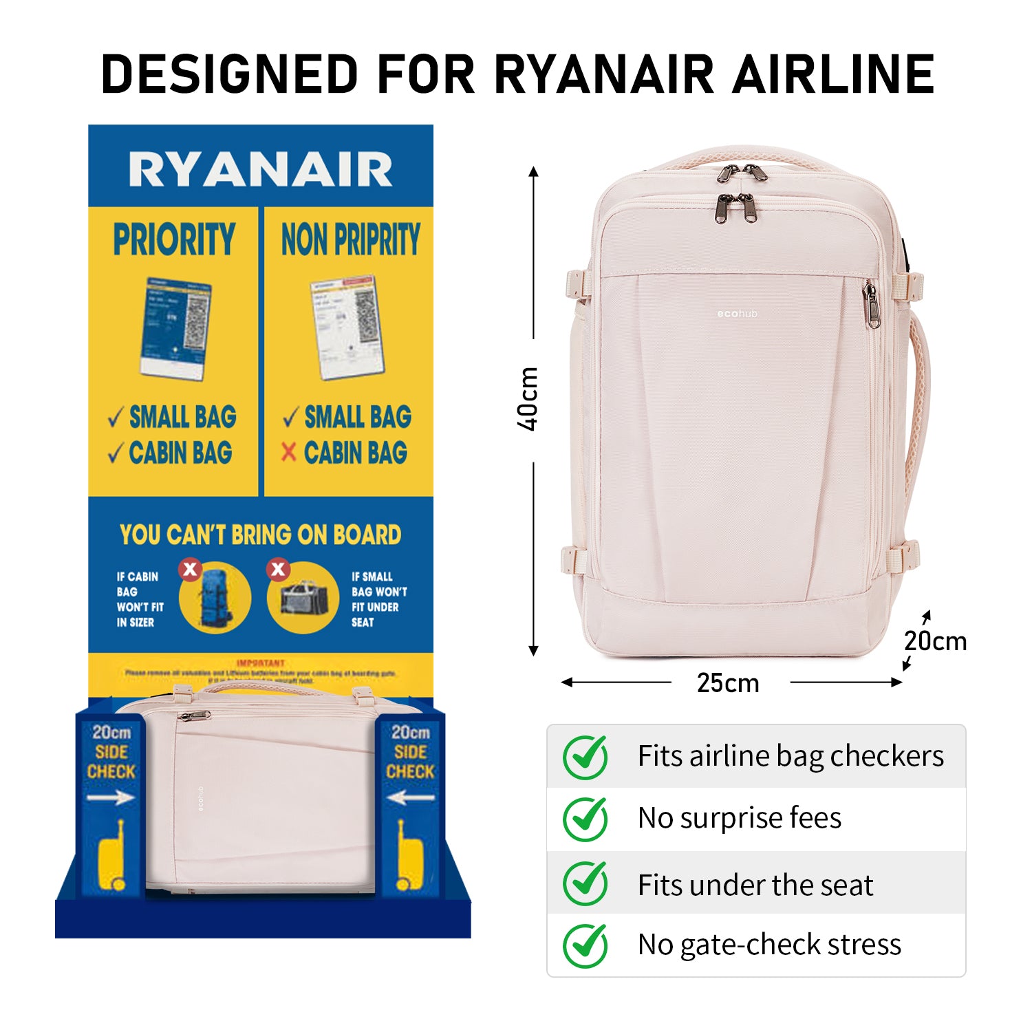 ECOHUB 20L Max Ryanair Cabin Bag 40x20x25 Underseat Backpack Carry on Bag Hand Luggage Backpack with USB Port Recycled PET Eco Friendly Rucksack for Women & Men(Patented)