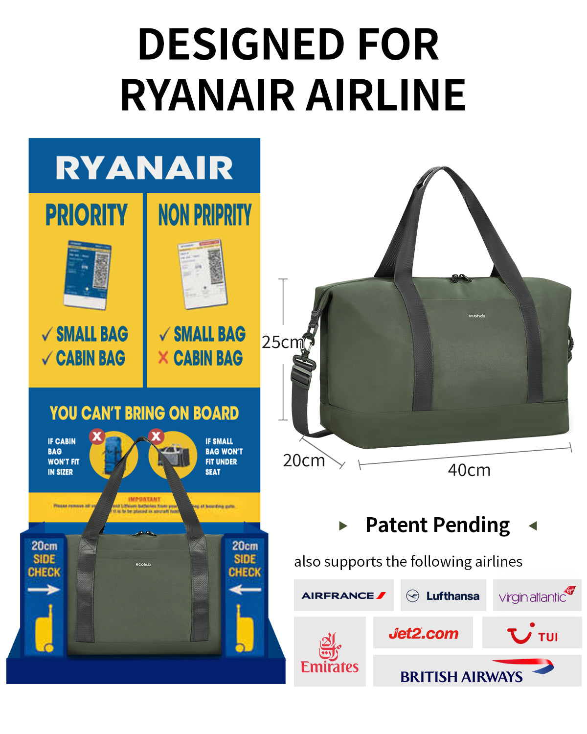 ECOHUB Ryanair Cabin Bags 40x30x20, 24L Underseat Hand Luggage Bag, Foldable Carry On Bag with Removable Wet Pocket, Water-Resistant Overnight Hospital Weekend Bag for Women, Green (Patent Pending)