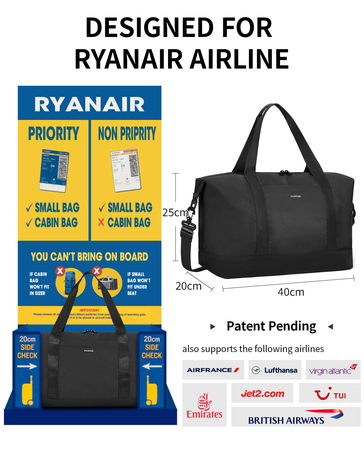 ECOHUB Ryanair Cabin Bags 40x30x20, 24L Underseat Hand Luggage Bag, Foldable Carry On Bag with Removable Wet Pocket, Water-Resistant Overnight Hospital Weekend Bag for Women, Black (Patent Pending)
