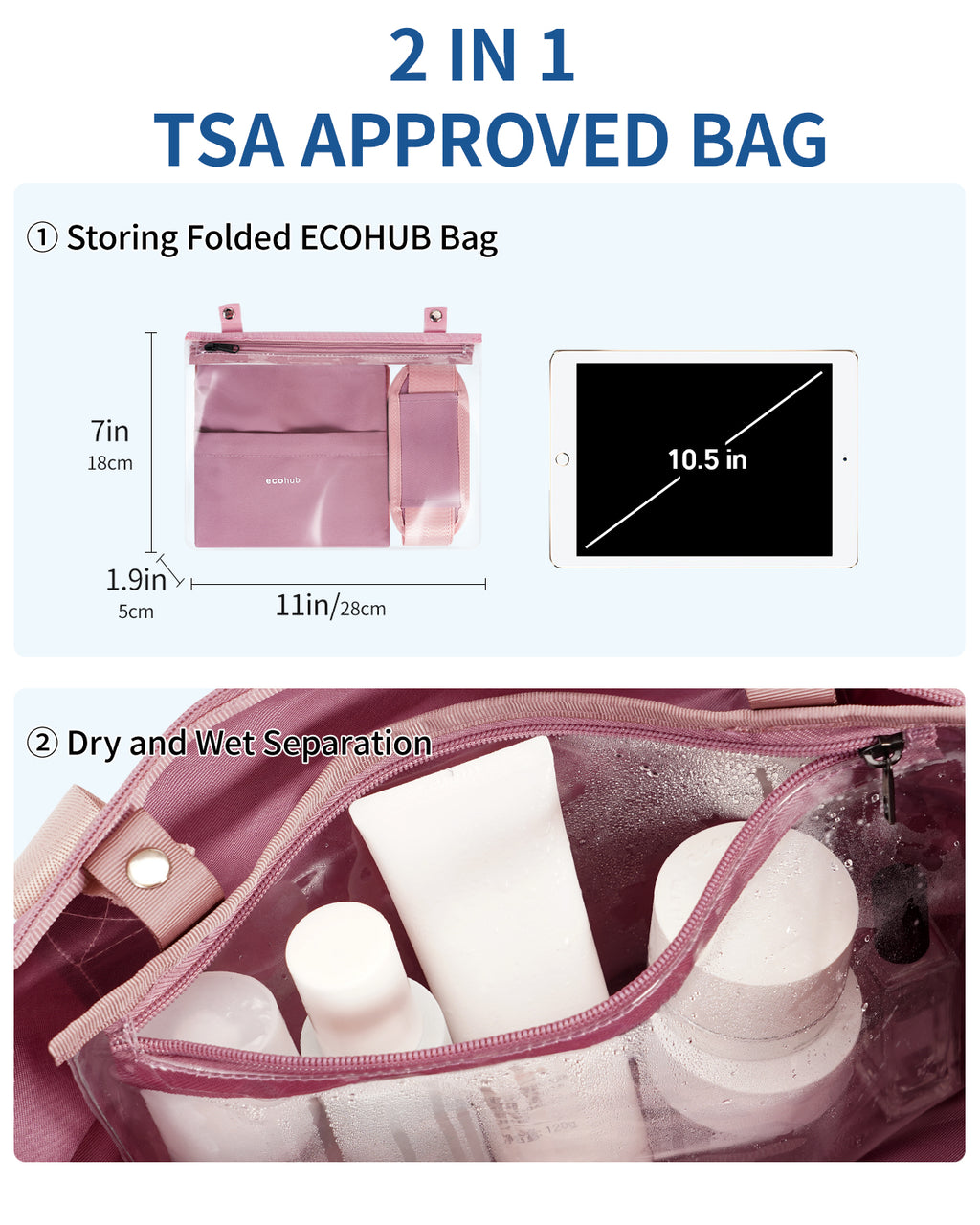 ECOHUB Easyjet 30L Cabin Bag - 45x36x20cm Foldable Carry On Bag with Removable Wet Pocket, Waterproof, Overnight/Pink
