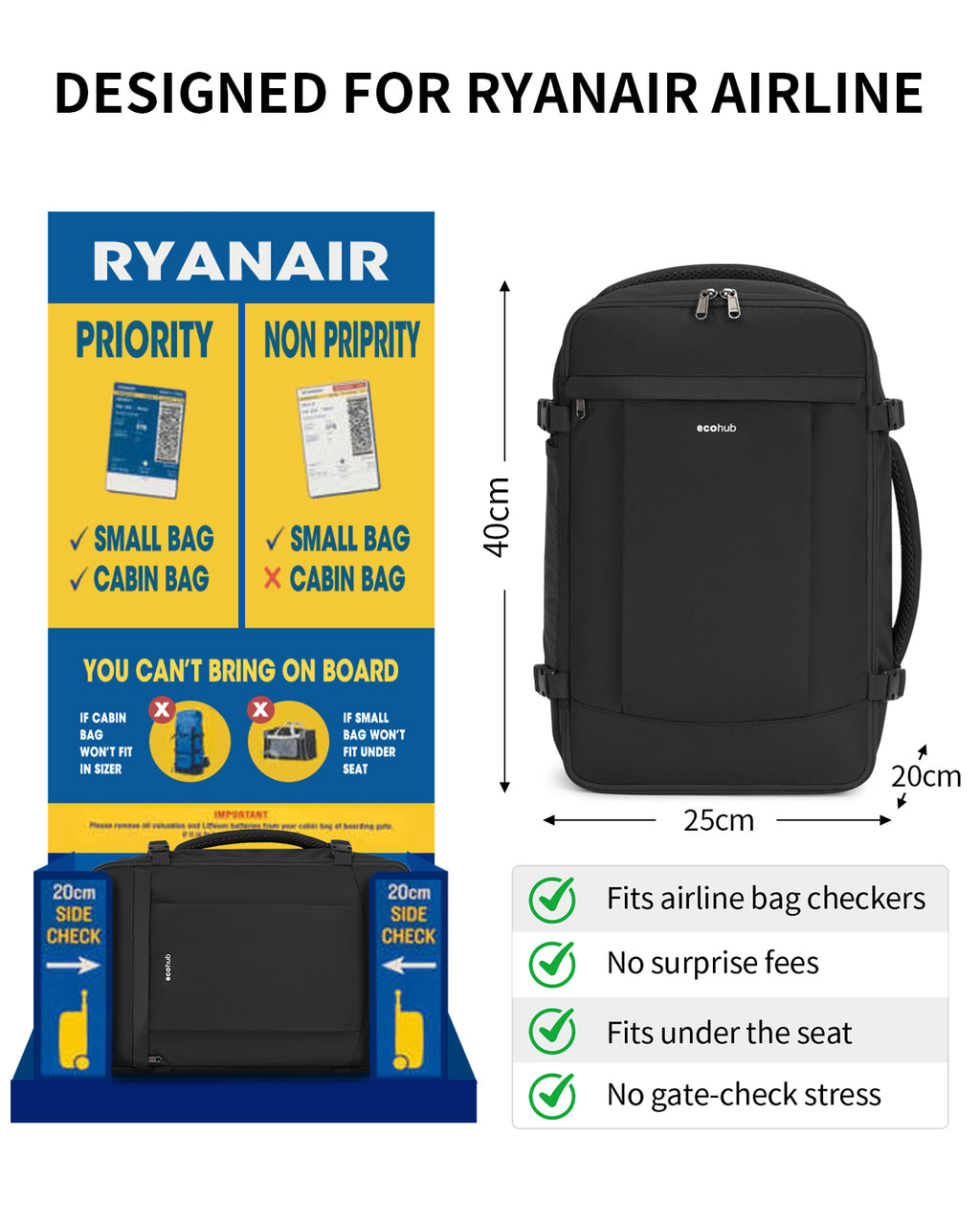 ECOHUB for Easyjet Cabin Bag 45x36x20，30L Anti-theft Underseat Carry On Travel Backpack, Recycled Hand Luggage Bag with Laptop Compartment,Flight Rucksack bag for men women(Patent Pending)