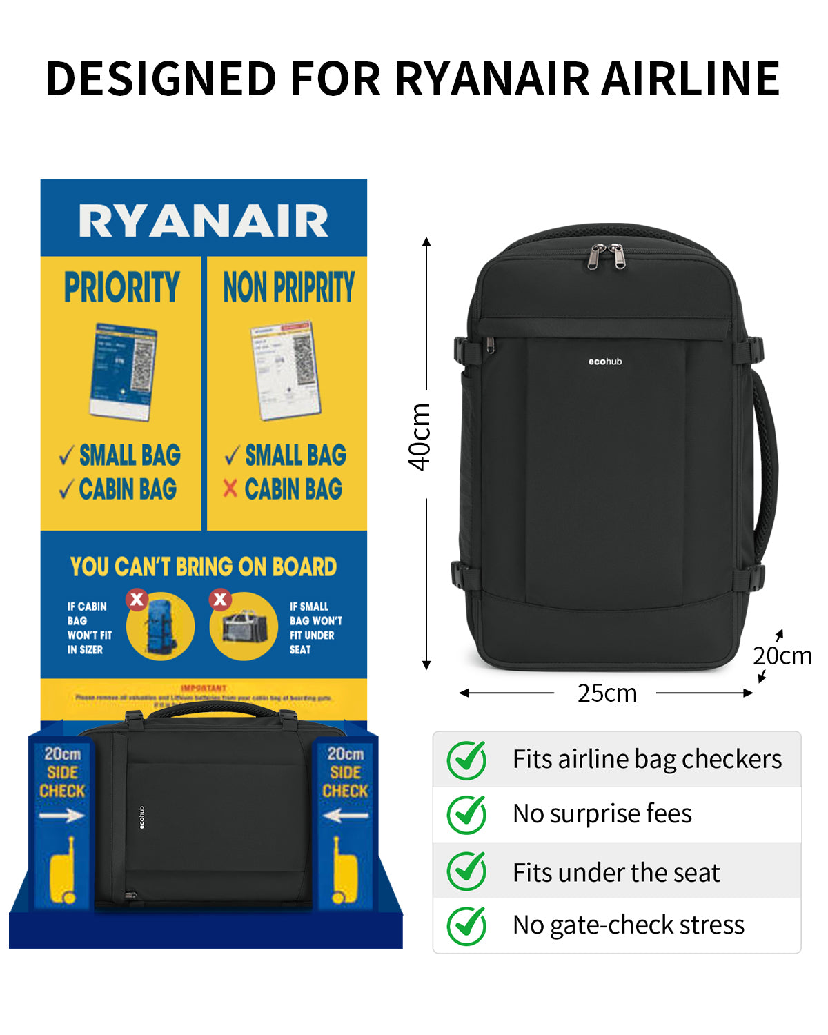 ECOHUB for Easyjet Cabin Bag 45x36x20，30L Anti-theft Underseat Carry On Travel Backpack, Recycled Hand Luggage Bag with Laptop Compartment,Flight Rucksack bag for men women(Patent Pending)