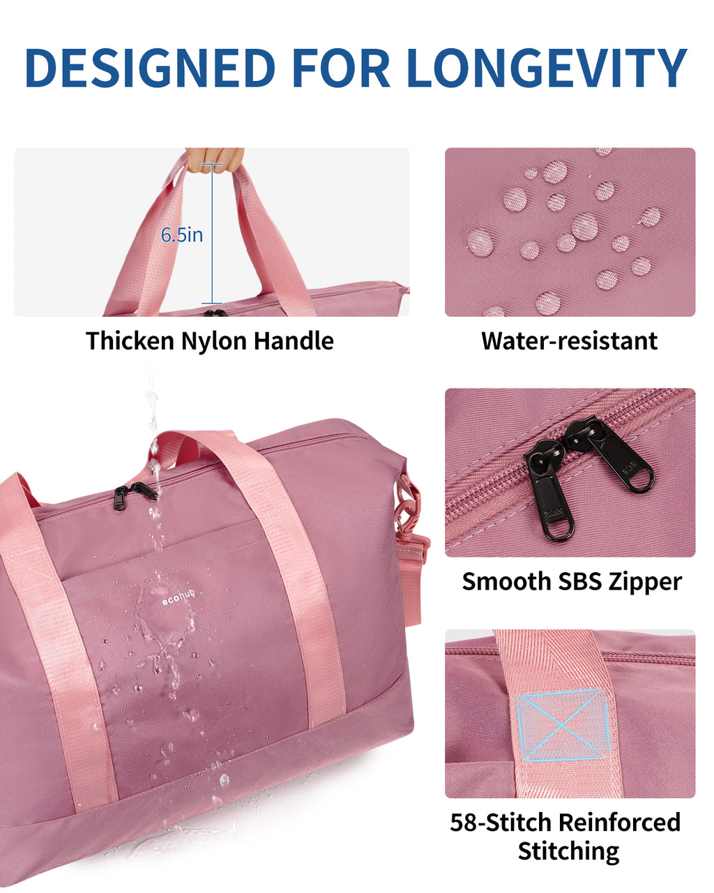 ECOHUB Easyjet 30L Cabin Bag - 45x36x20cm Foldable Carry On Bag with Removable Wet Pocket, Waterproof, Overnight/Pink