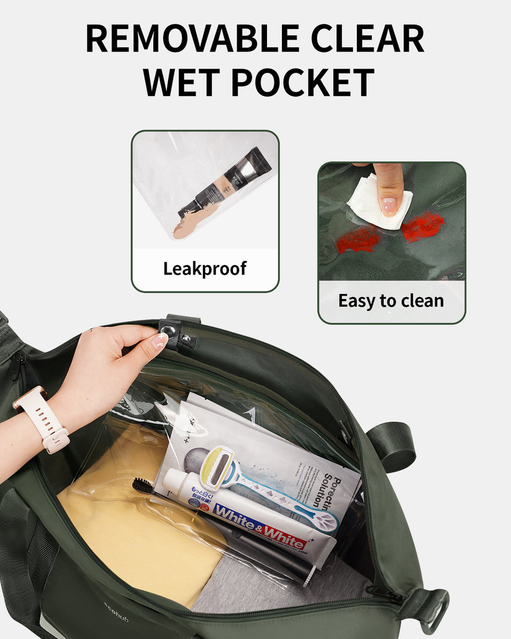 ECOHUB Ryanair Cabin Bags 40x30x20, 24L Underseat Hand Luggage Bag, Foldable Carry On Bag with Removable Wet Pocket, Water-Resistant Overnight Hospital Weekend Bag for Women, Green (Patent Pending)