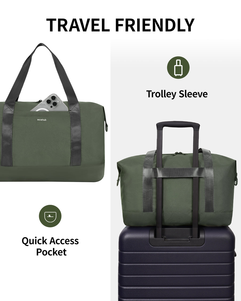 ECOHUB Ryanair Cabin Bags 40x30x20, 24L Underseat Hand Luggage Bag, Foldable Carry On Bag with Removable Wet Pocket, Water-Resistant Overnight Hospital Weekend Bag for Women, Green (Patent Pending)