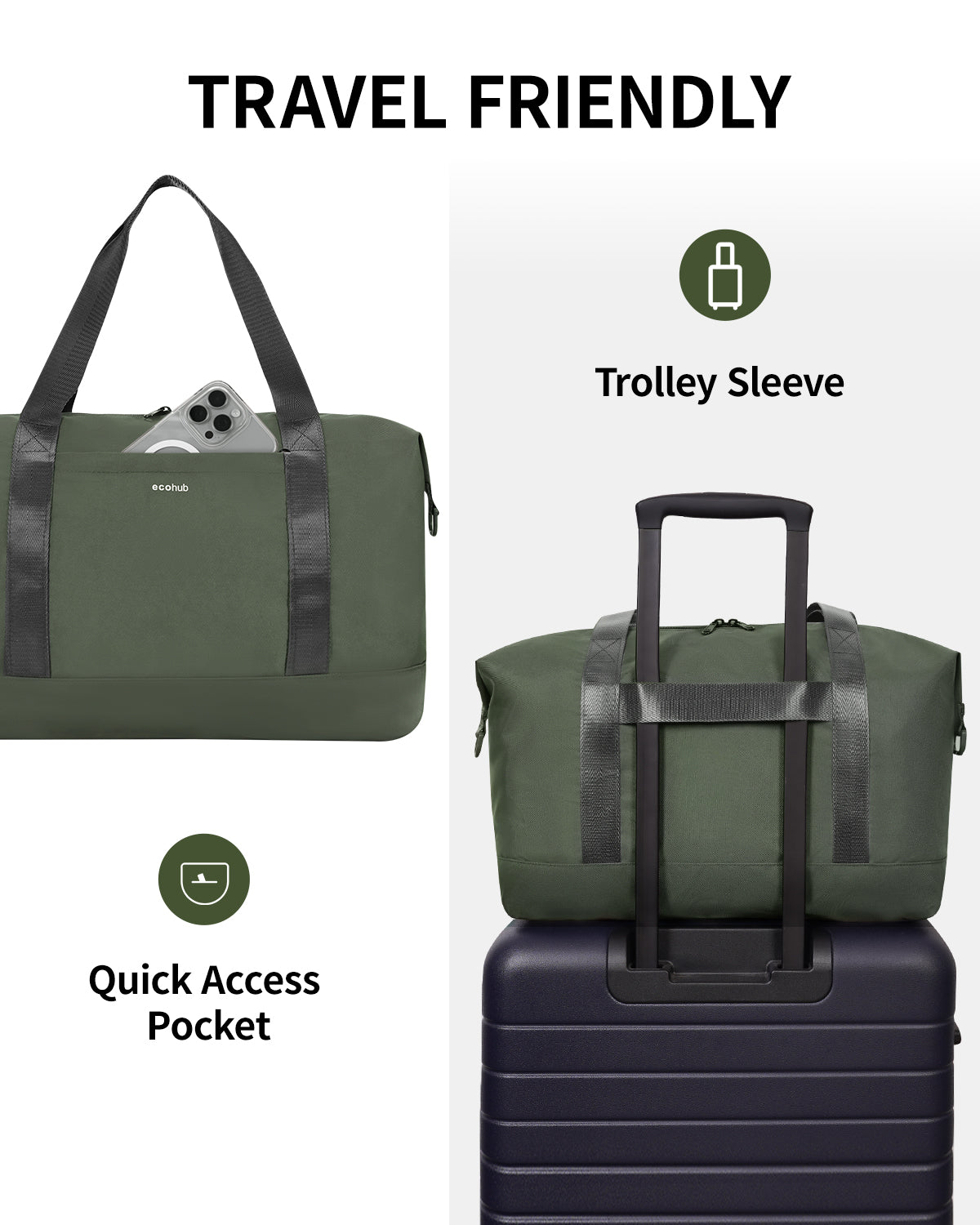 ECOHUB Ryanair Cabin Bags 40x30x20, 24L Underseat Hand Luggage Bag, Foldable Carry On Bag with Removable Wet Pocket, Water-Resistant Overnight Hospital Weekend Bag for Women, Green (Patent Pending)
