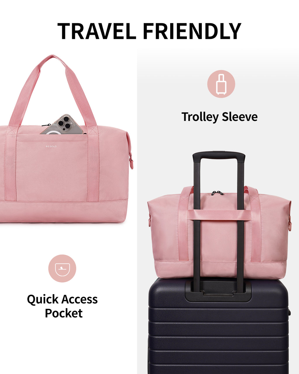 ECOHUB Ryanair Cabin Bags 40x30x20, 24L Underseat Hand Luggage Bag, Foldable Carry On Bag with Removable Wet Pocket, Water-Resistant Overnight Hospital Weekend Bag for Women, Pink (Patent Pending)