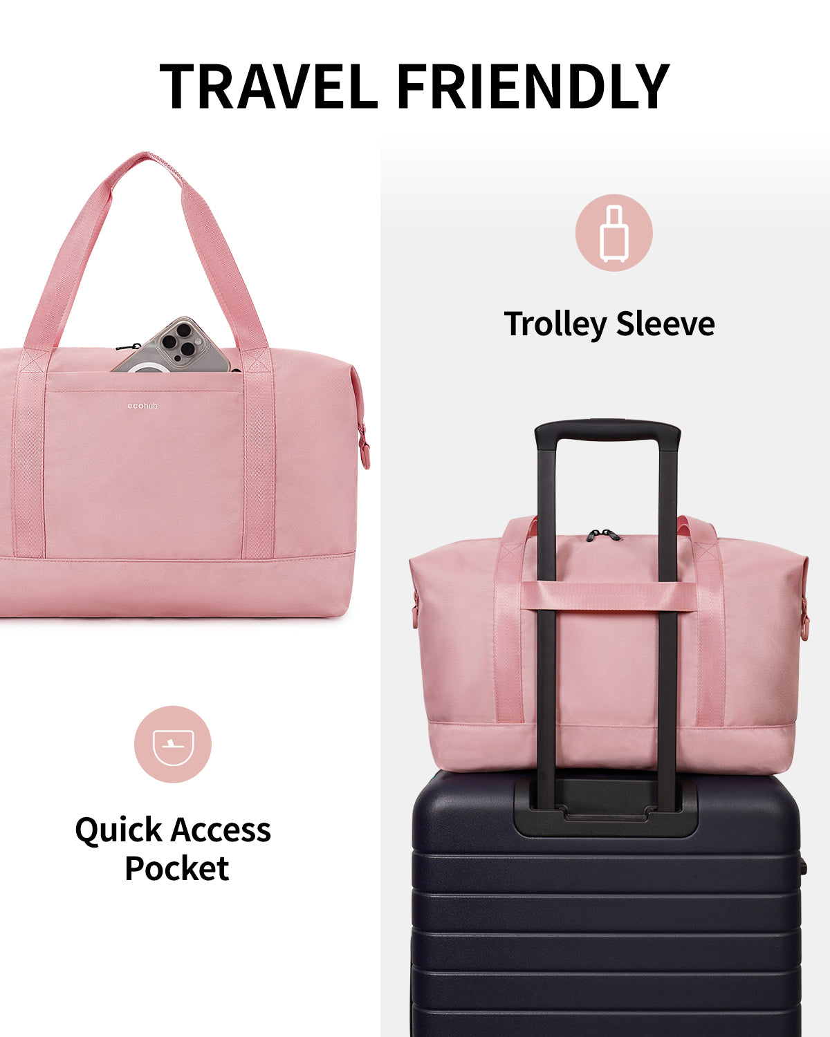 ECOHUB Ryanair Cabin Bags 40x30x20, 24L Underseat Hand Luggage Bag, Foldable Carry On Bag with Removable Wet Pocket, Water-Resistant Overnight Hospital Weekend Bag for Women, Pink (Patent Pending)