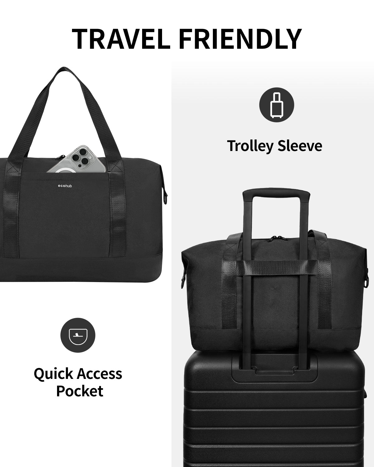 ECOHUB Ryanair Cabin Bags 40x30x20, 24L Underseat Hand Luggage Bag, Foldable Carry On Bag with Removable Wet Pocket, Water-Resistant Overnight Hospital Weekend Bag for Women, Black (Patent Pending)