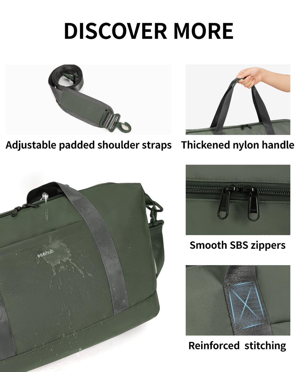 ECOHUB Ryanair Cabin Bags 40x30x20, 24L Underseat Hand Luggage Bag, Foldable Carry On Bag with Removable Wet Pocket, Water-Resistant Overnight Hospital Weekend Bag for Women, Green (Patent Pending)