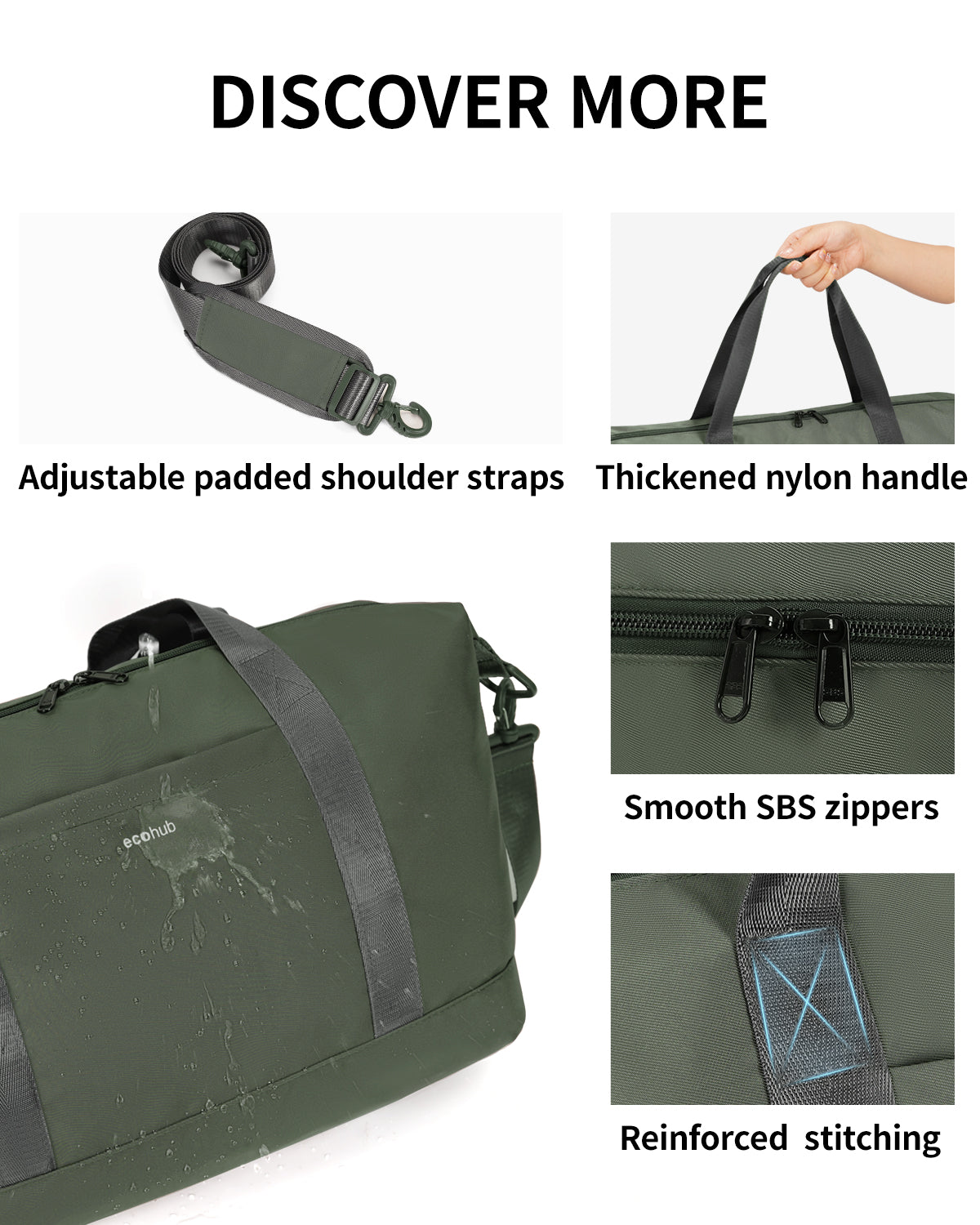 ECOHUB Ryanair Cabin Bags 40x30x20, 24L Underseat Hand Luggage Bag, Foldable Carry On Bag with Removable Wet Pocket, Water-Resistant Overnight Hospital Weekend Bag for Women, Green (Patent Pending)