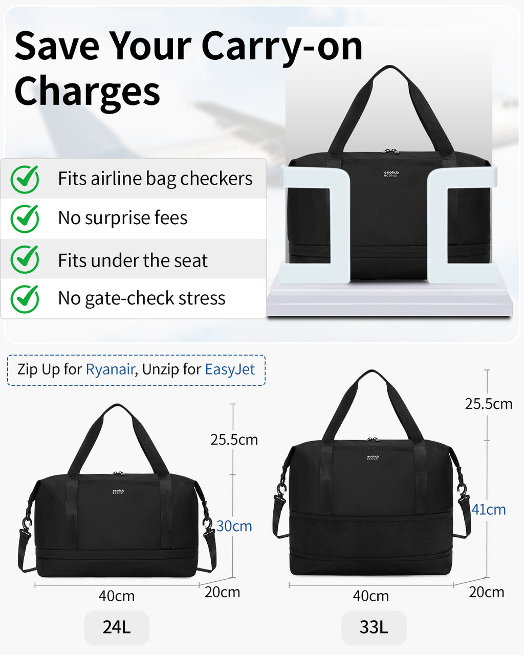 ECOHUB for Ryanair Cabin Bags 40x30x20, Expandable Underseat Hand Luggage Bag, Foldable Carry On Bag with Removable Wet Pocket, Water-Resistant Overnight Hospital Weekend Bag for Women