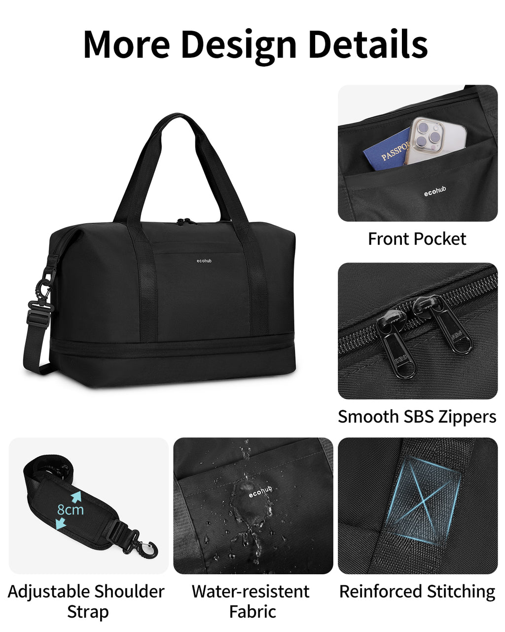 ECOHUB for Ryanair Cabin Bags 40x30x20, Expandable Underseat Hand Luggage Bag, Foldable Carry On Bag with Removable Wet Pocket, Water-Resistant Overnight Hospital Weekend Bag for Women