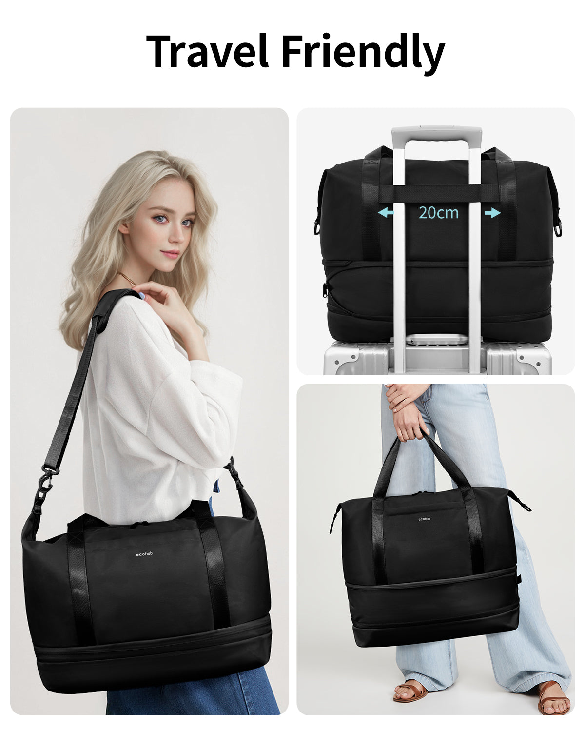 ECOHUB for Ryanair Cabin Bags 40x30x20, Expandable Underseat Hand Luggage Bag, Foldable Carry On Bag with Removable Wet Pocket, Water-Resistant Overnight Hospital Weekend Bag for Women