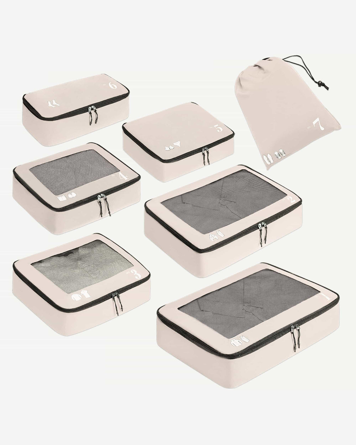 Beige seven-piece packing cube set for organized travel
