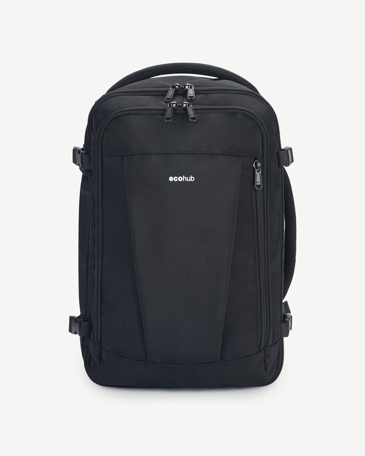 Front view of the black Carry-On Travel Backpack showing its zippered front pocket and side buckles.