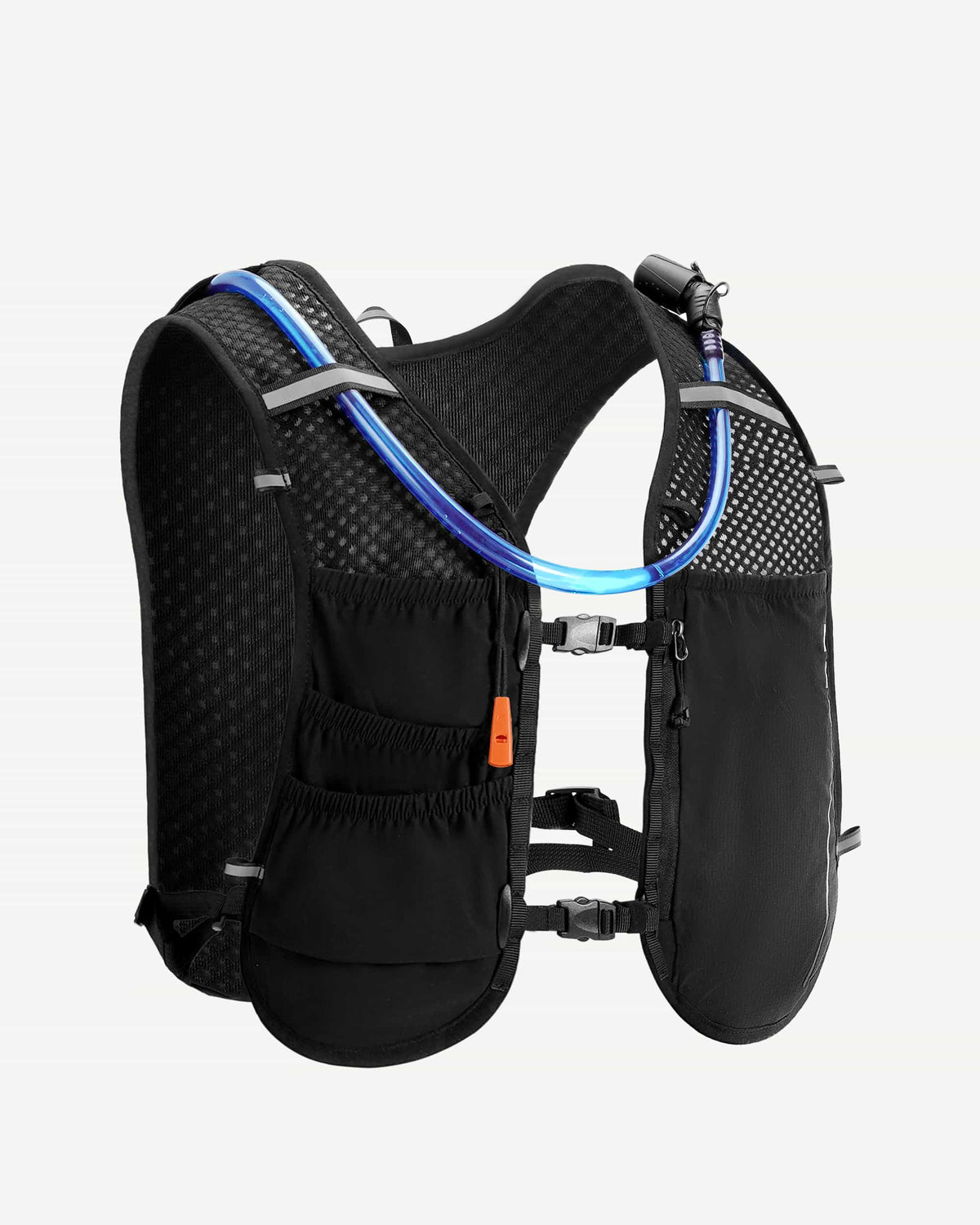 Black hydration vest shown at an angle with a blue drinking tube, front pockets and chest buckles.