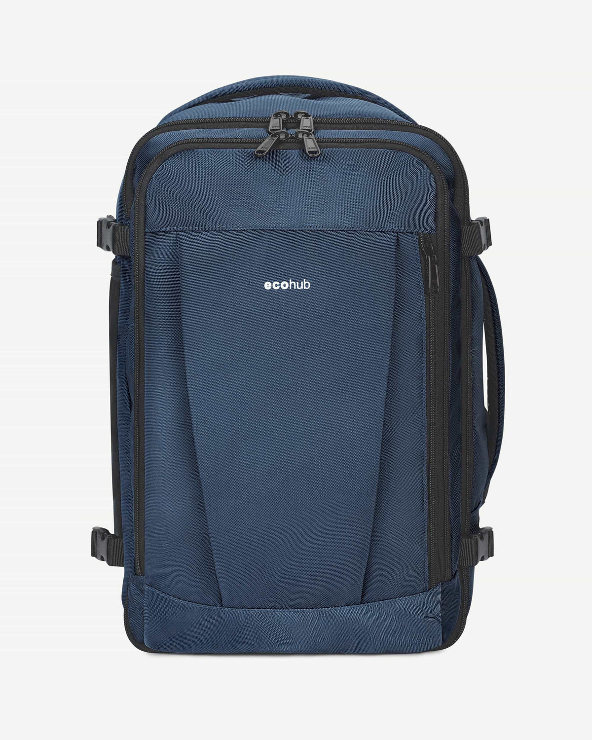 Traveler wearing a dark blue carry-on travel backpack
