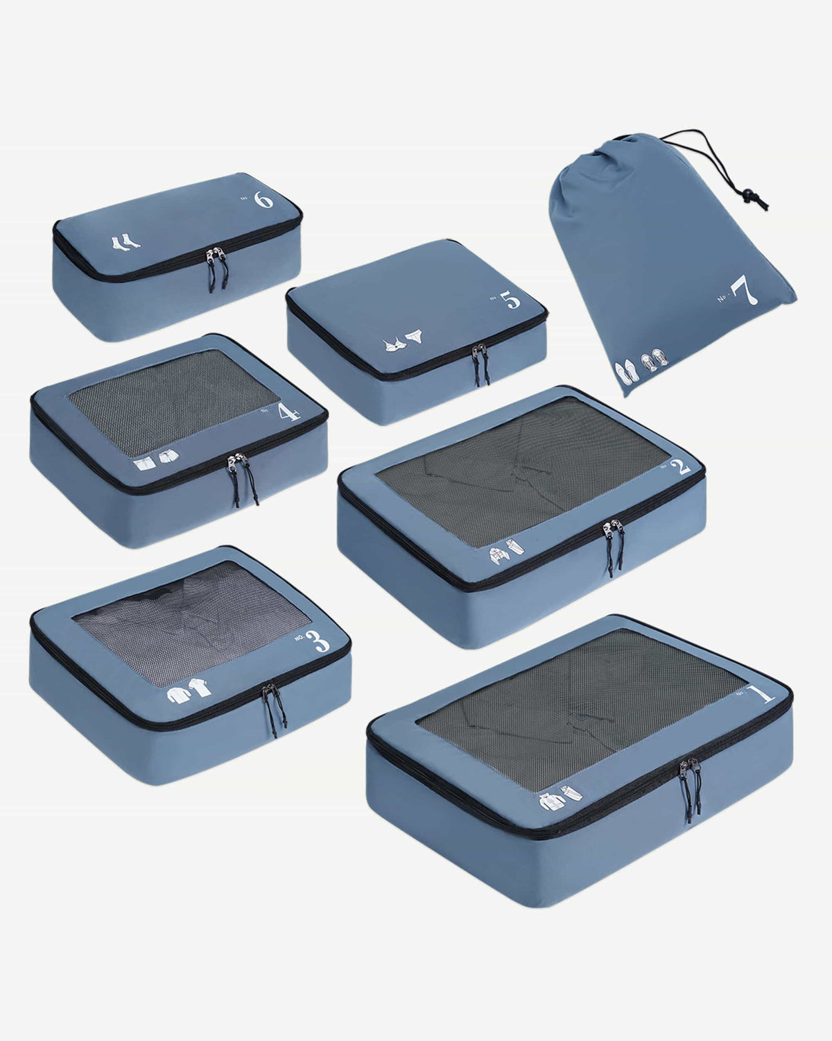 Blue seven-piece packing cube set for organized travel