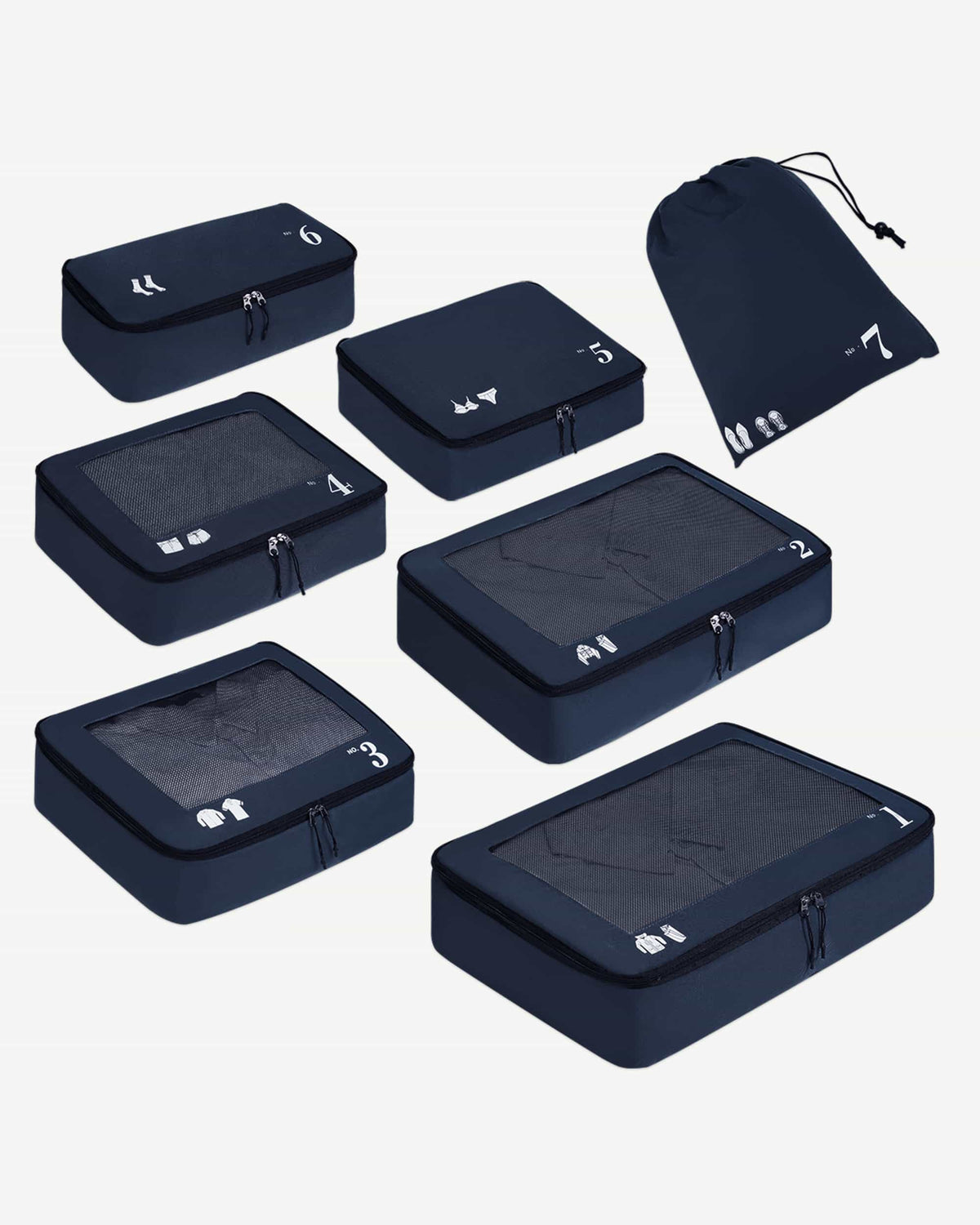Dark Blue packing cubes stacked for organized luggage