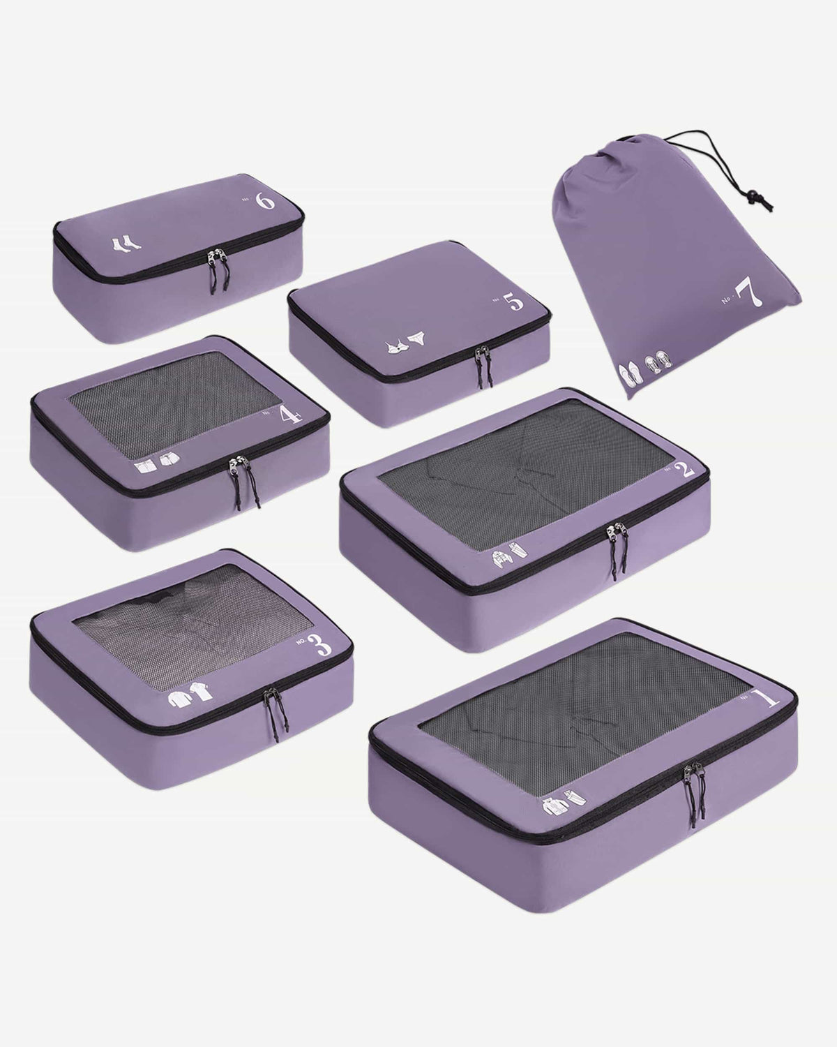 Purple seven-piece packing cube set for organized travel