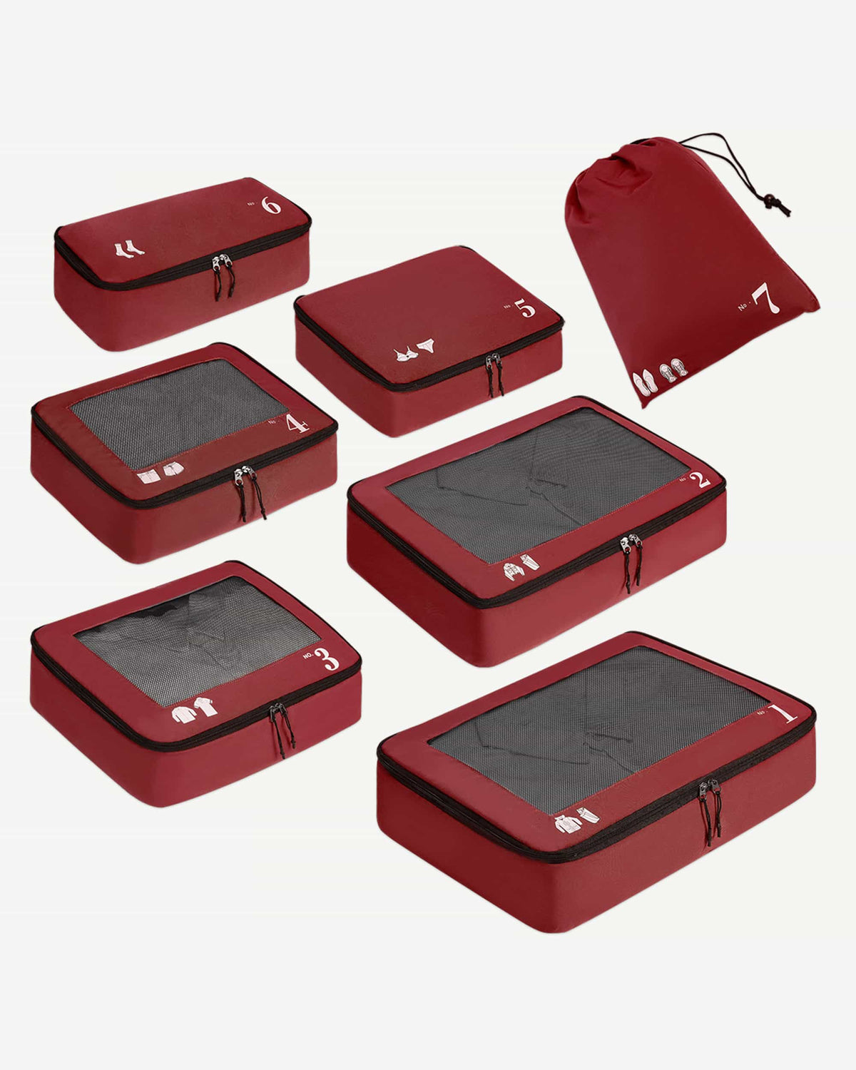 Red seven-piece packing cube set for organized travel