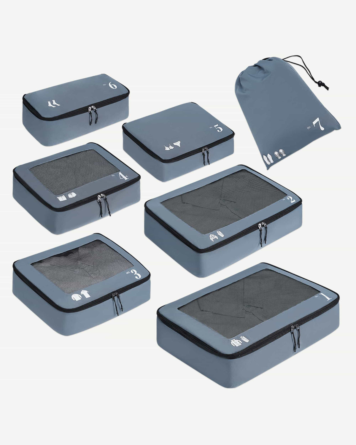Grey seven-piece packing cube set for organized travel