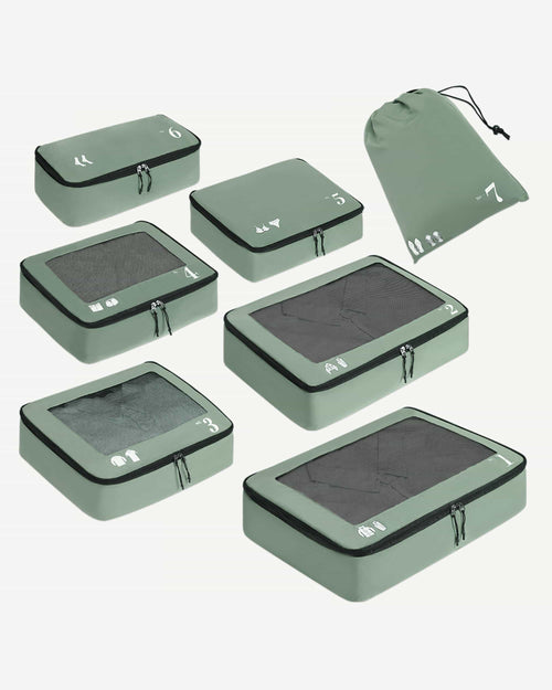 Sage Green 7-piece packing cubes set with mesh panels and drawstring shoe bag