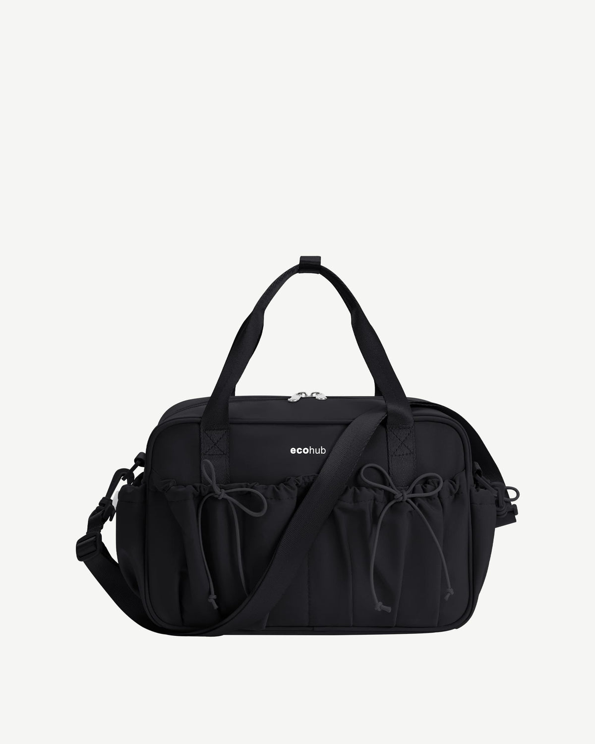 Black Mini Gym Duffle Bag with carry handles, a shoulder strap, and bow details on the front pockets.