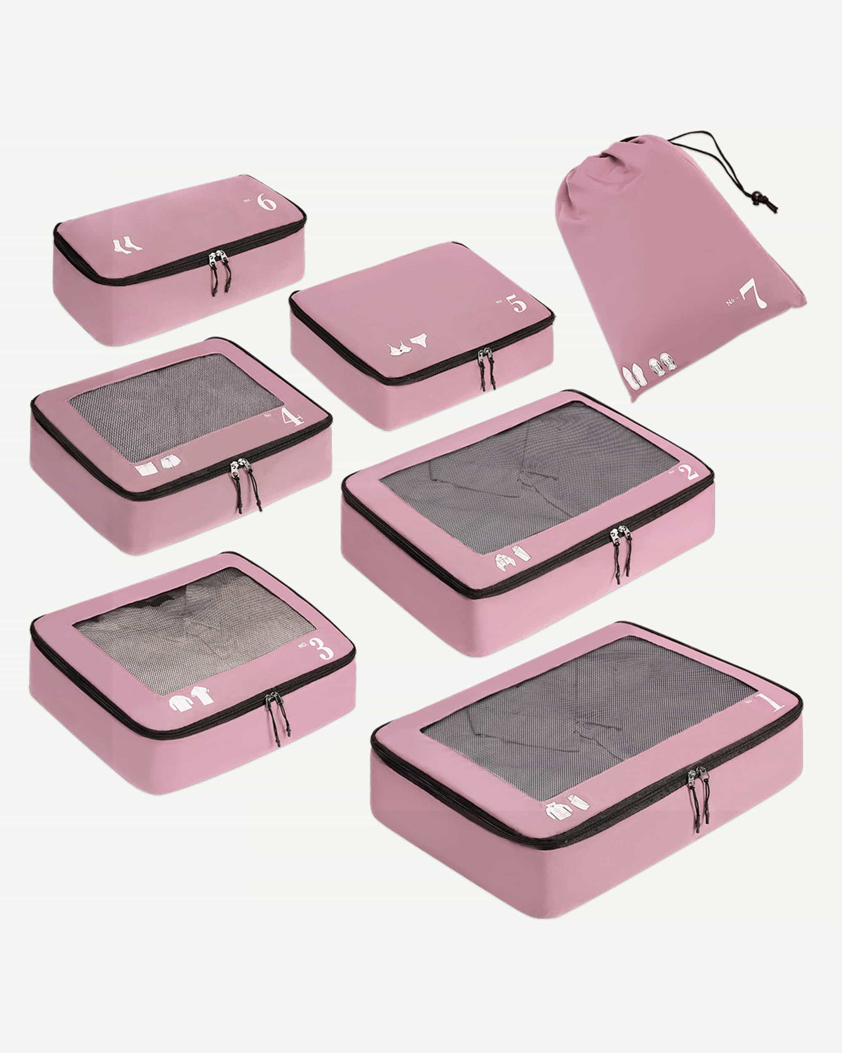Pink seven-piece packing cube set for organized travel