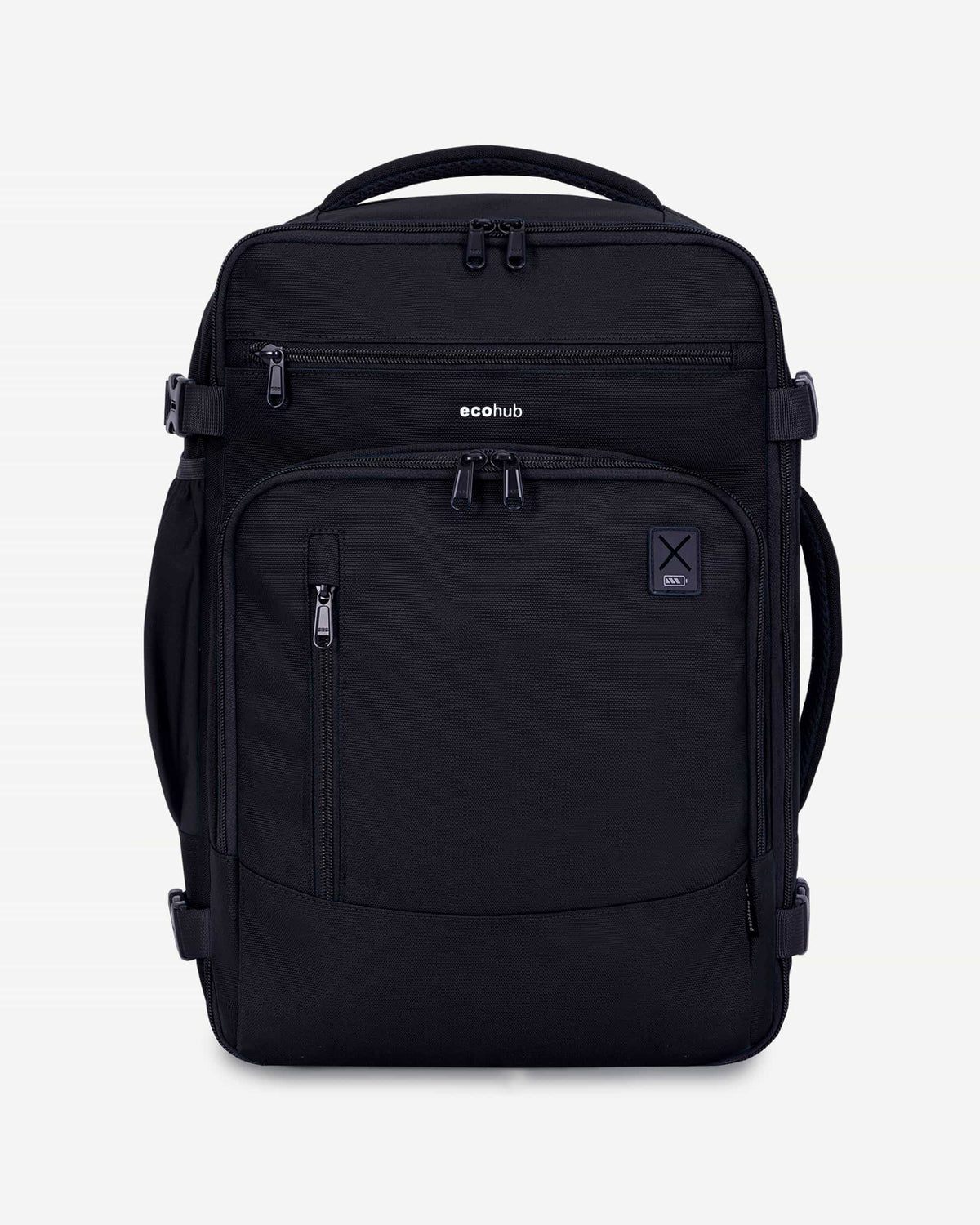 Black 25L underseat travel laptop backpack, front view with top handle, zippered front pocket and side handle.